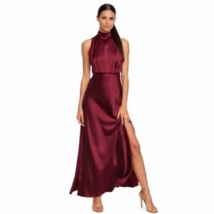 NWT Lulu’s Classic Elegance Wine Satin Maxi Dress
